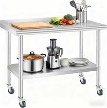 Mesa de Trabajo de Acero Inoxidable Comercial con Salpicadera y 4 Ruedas - Mueble de Cocina Resistente con Estante Ajustable para Negocios y Exteriores - 48 x 24 pulgadas - Ver 4
