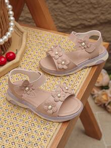 1 par de sandalias de verano para niñas, de unicolor a la moda, con puntera abierta, suela blanda, cierre de gancho y bucle, con flores y perlas, cómodas y planas. Corre pequeño. - Rosa vieja - Ver 6