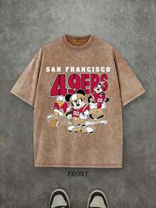 Disney UNIHLO  World Cup Football  Printed Summer Heavyweight Retro Washed Street Fashion Casual T-Shirt - 摩卡棕 - 查看 1
