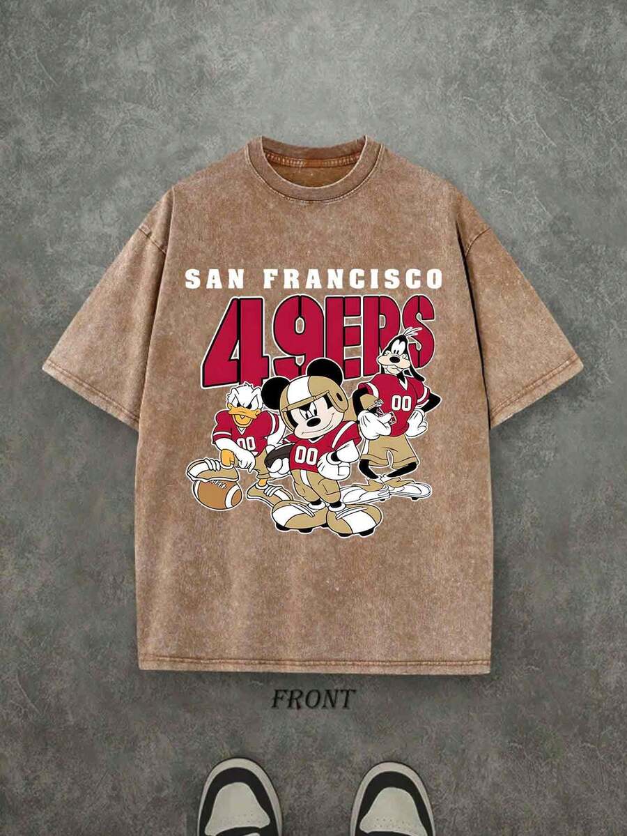 Disney UNIHLO  World Cup Football  Printed Summer Heavyweight Retro Washed Street Fashion Casual T-Shirt - 摩卡棕 - 查看 1