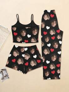 Printstory Customized Women's 3 PiecesPajama Set, Customizable With Any Pattern, Suitable As A Gift For Family, Friends Or Holiday Parties - Black - View 2