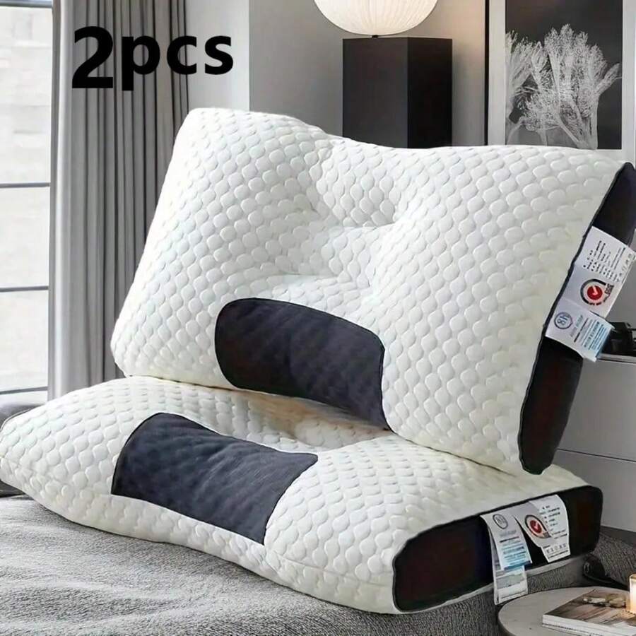 Two-Piece Pillow Set Knitted Neck Pillow Suitable For Side, Back And Stomach Sleeping Positions Bed Pillow Deep Sleep Ergonomic Orthopaedic Pillow Conforms To Neck Curve For Support Detachable Cushion Enhanced Comfort Bedding Home Decor Valentine's Gift White - 白色 - 查看 1