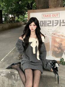 Women Sweater Dresses - 深灰色 - 查看 3