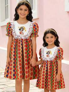 Girls Cute Plaid Dress, Cartoon Character Print With Lace Trim Puff Sleeve Dress, Suitable For Birthday Party, Eid Celebration, Weekend Outing, Family Gathering, Beach Walk - Multicolor - View 3