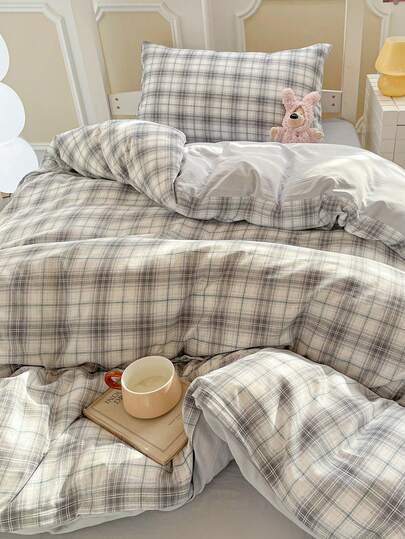 4pcs Grey Plaid (1pc Duvet Cover + 1pc Bed Sheet + 2pcs Pillowcases) Soft And Comfortable Bedding Set For Student Dormitory Bunk Beds, Skin-Friendly, Breathable, Durable, Fade-Resistant, Warm, Suitable For Bedroom, Guest Room, Dormitory, All Seasons