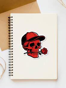 1pc Red Skull Rose Funny Sticker - Unique Helmet, Notebook And Water Bottle Sticker. Express Your Personal Style With These Red Skull Rose Stickers! Ideal For Customizing Helmets, Notebooks And Water Bottles, These Fun Stickers Bring A Touch Of Rebellious Flair. - Multicolor - View 2