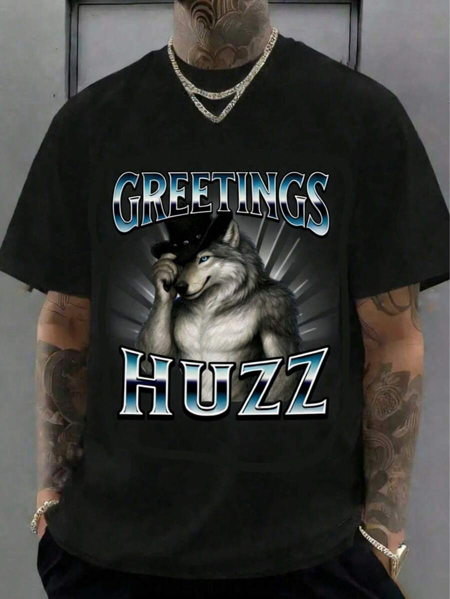 Greetings Huzz Meme Shirt, Cringe Alpha Wolf Shirt, Werewolf Memes, Gen Z Shirt, Alpha Wolf T-Shirt, Viral Meme Shirt, Offensive Meme Shirt ,100% Cotton Unisex T-Shirt,Suitable As Holiday, Anniversary, Or Valentine's Day Gifts For Boyfriends And Girlfriends. - 黑色 - 查看 1