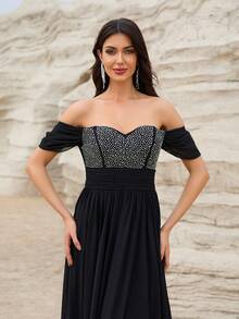 Off Shoulder Sequin Patchwork Formal Dress - Black - View 6