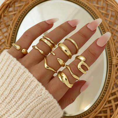 10pcs/Set Minimalist Asymmetrical Geode Style Rings, Metallic Smooth Finish Ring Set For Women