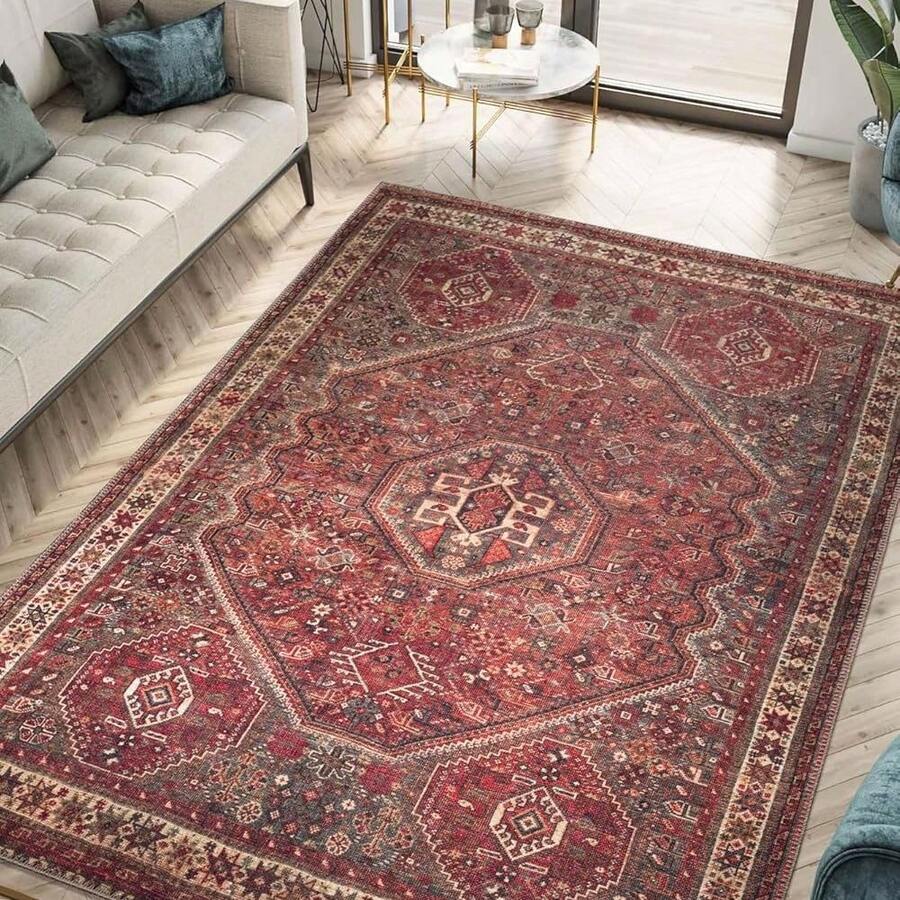 1PC Traditional Persian Design Pattern Christmas Rug 5x7 Washable Area Rugs For Living Room Bedroom, Velvet Material Low-Pile Carpet Suitable For Indoor Outdoor High Traffic Areas, Vintage Farmhouse Style , Home Decor Gift, Holiday Print Mat - 1PC - 查看 1