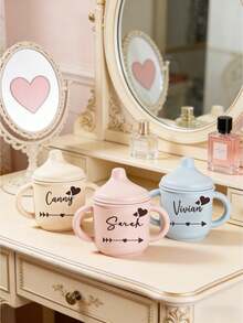 1Pc Personalized Valentine's Day Silicone Cup – Custom Name Dual-Ear Design Mug, Cute Couple Style, Romantic Valentine's Gift, Sweet Love Drinkware Keepsake - Multicolor - View 5