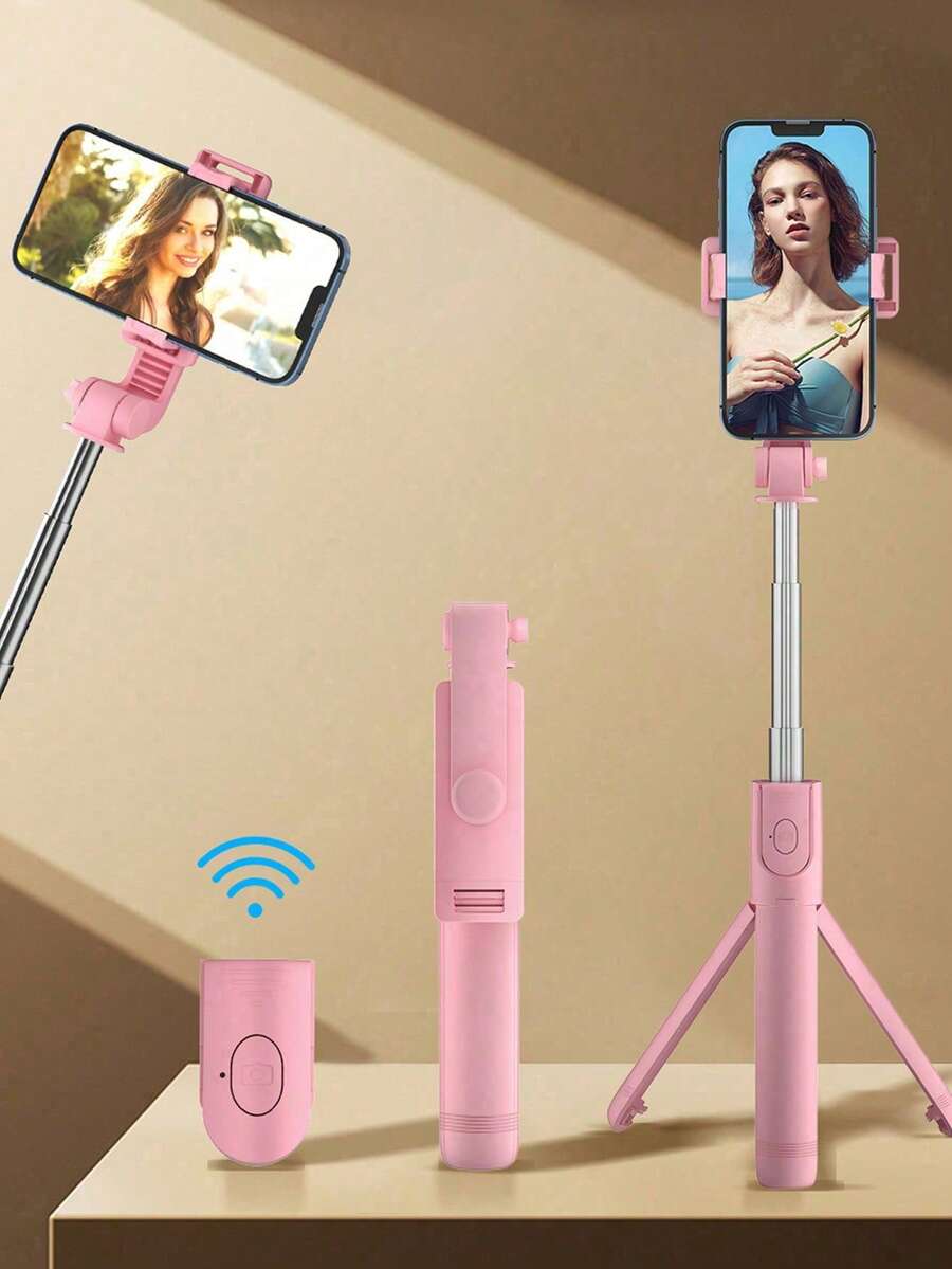 Selfie Stick With Multifunctional Tripod & Phone Holder, Extended Remote Control Live Broadcast Tripod For General Photography, Travel & Selfie, Blue Compatible With IPhone Android Phone Mobile Phone Suitable For Live Streaming, Vlog,Family Gatherings, Christmas Party Shooting,For Handheld Selfie, Outdoor Activities, Interviews For Summer Vacation, Travel, Outdoor Activities, Live Streaming Tripod Stand - Pink - View 1