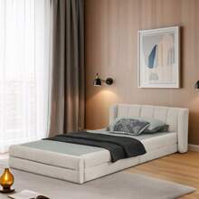 Einzelbett 90*200 Cm, High-Freundlicher Chenillestoff, Comfortable Rückenlehne, Also The Kinderbett Geeignet​, Beige (Ohne Matratze) - Beige - View 5