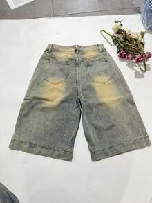 女士休闲牛仔阔腿七分裤，无弹力拉链牛仔裤，适合日常穿着 - 藍色 - 查看 6