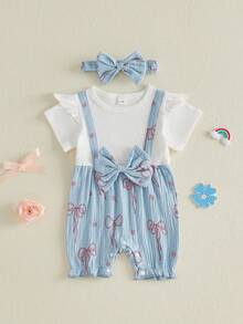 Conjunto de verano para niña pequeña, mono de manga corta con volantes y lazo de dos piezas, conjunto de 2 piezas, ropa bonita para uso diario, ideal para niñas de 0 a 18 meses. - Azul - Ver 6