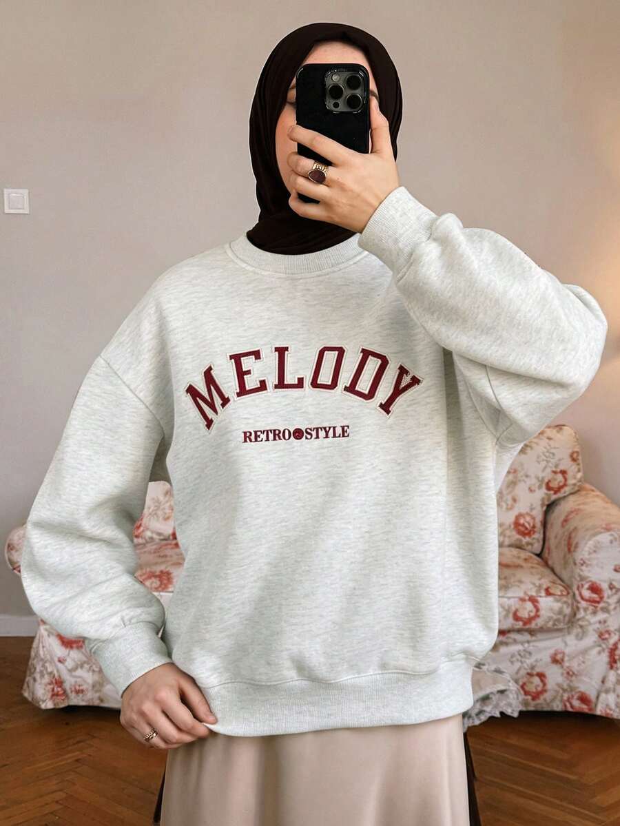 Livesso Women Round Neck Loose Letter Embroidery Pullover Sweatshirt,Long Sleeve Tops - Light Grey - View 1