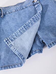 Y2K 不对称腰部裹身牛仔迷你短裙，少女夏季款 - 藍色 - 查看 5