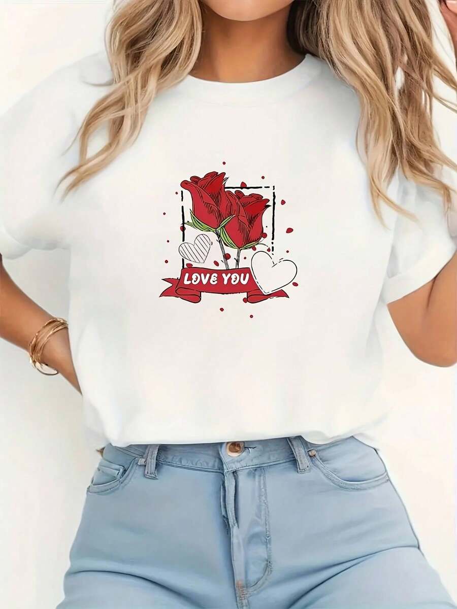 Camiseta casual de cuello redondo para mujer, con diseño de rosa y corazón con la frase "LOVE YOU" para el Día de San Valentín.Tejido elástico, lavable a máquina, regalo ideal para amigas. - [Blanco] - Ver 1