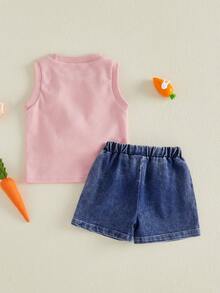 Toddler Baby Girls Easter Outfits 2 Piece Spring Summer Clothes 3D Carrot Waffle Sleeveless Tank Tops And Denim Shorts Set - Pink - View 4