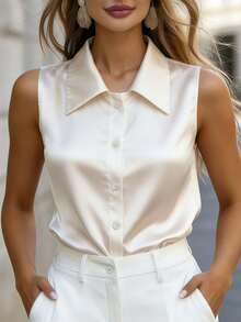 Elegant Women's Satin Shirt Collar Tank Top Button-Front Sleeveless Blouse For Chic Business Wear - White - View 6
