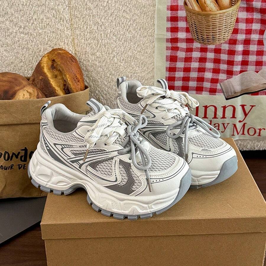 女士银色厚底运动鞋，厚底透气网面跑步休闲鞋，2026春秋款 - 白色 - 查看 1