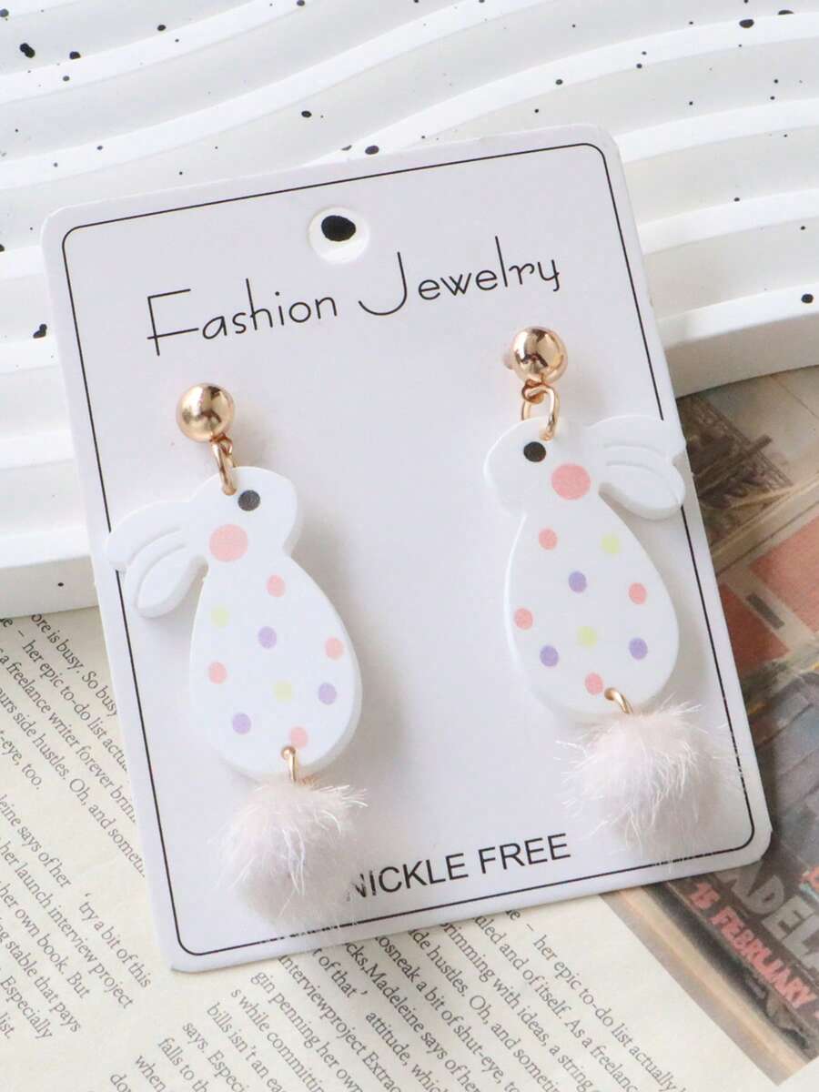 一对丙烯颜料绘制的可爱复活节彩蛋兔子耳朵耳环，配有毛绒球吊坠，甜美耳环，适合节日派对礼物 - 毛絨尾巴兔子 - 查看 1