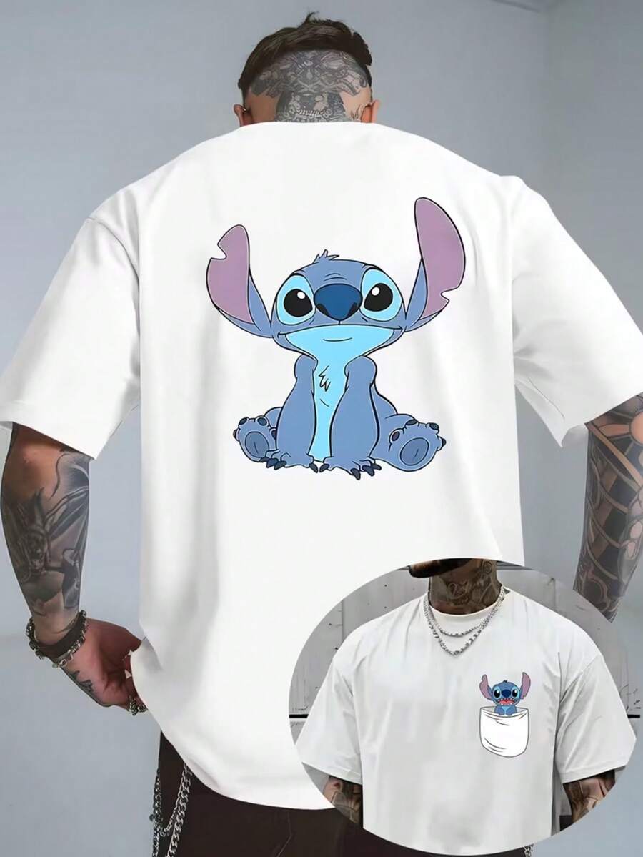 Authorized Disney Star Baby Shi Diqi Pocket Printed Men's T-Shirts, T-Shirts For Leisure And Comfort, Breathable And Light, Fashionable Street Clothes, Men's Casual Tops. - 白色 - 查看 1