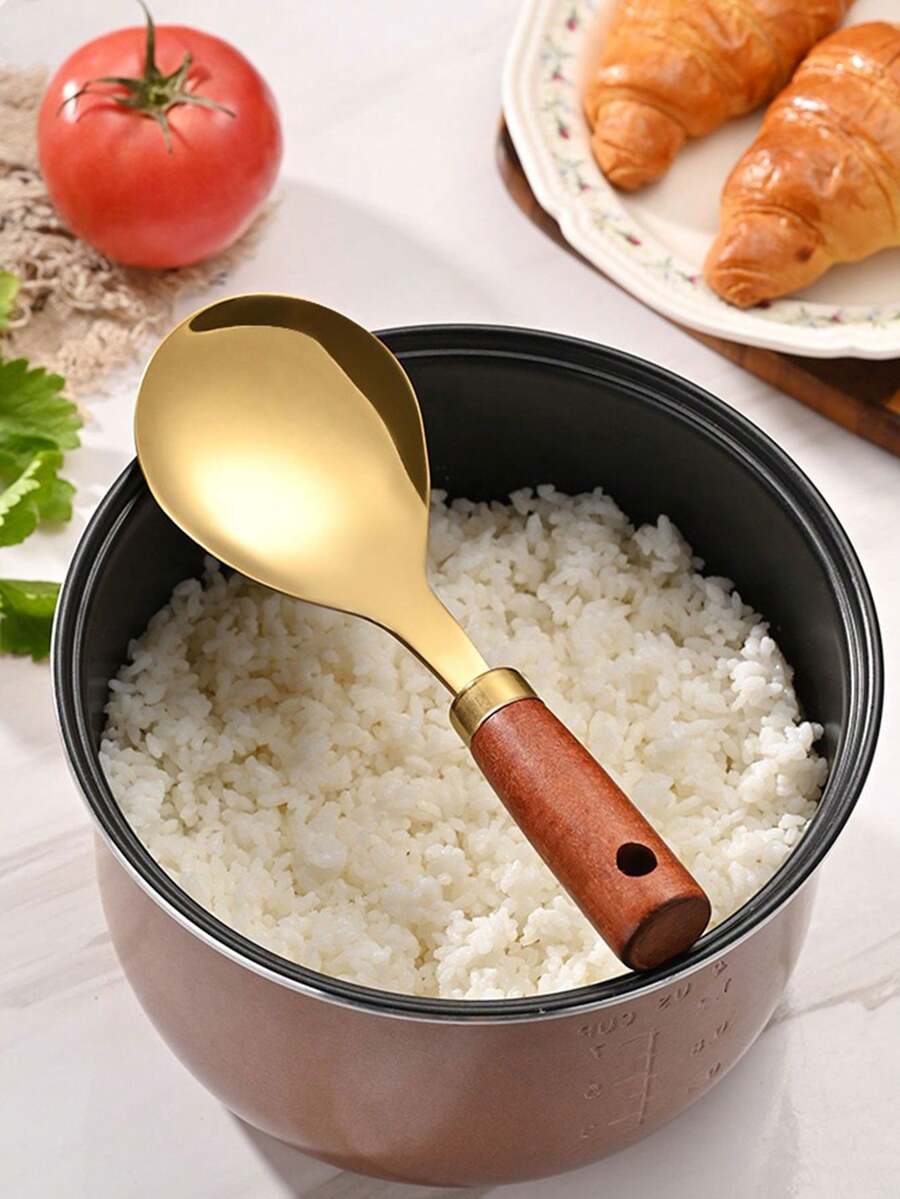 Colher de Arroz de Aço Inoxidável, Pá de Arroz Antiaderente, Colher de Servir de Cabo Longo, Colher de Arroz de Cabo de Madeira Grande - Dourado - Visão 1