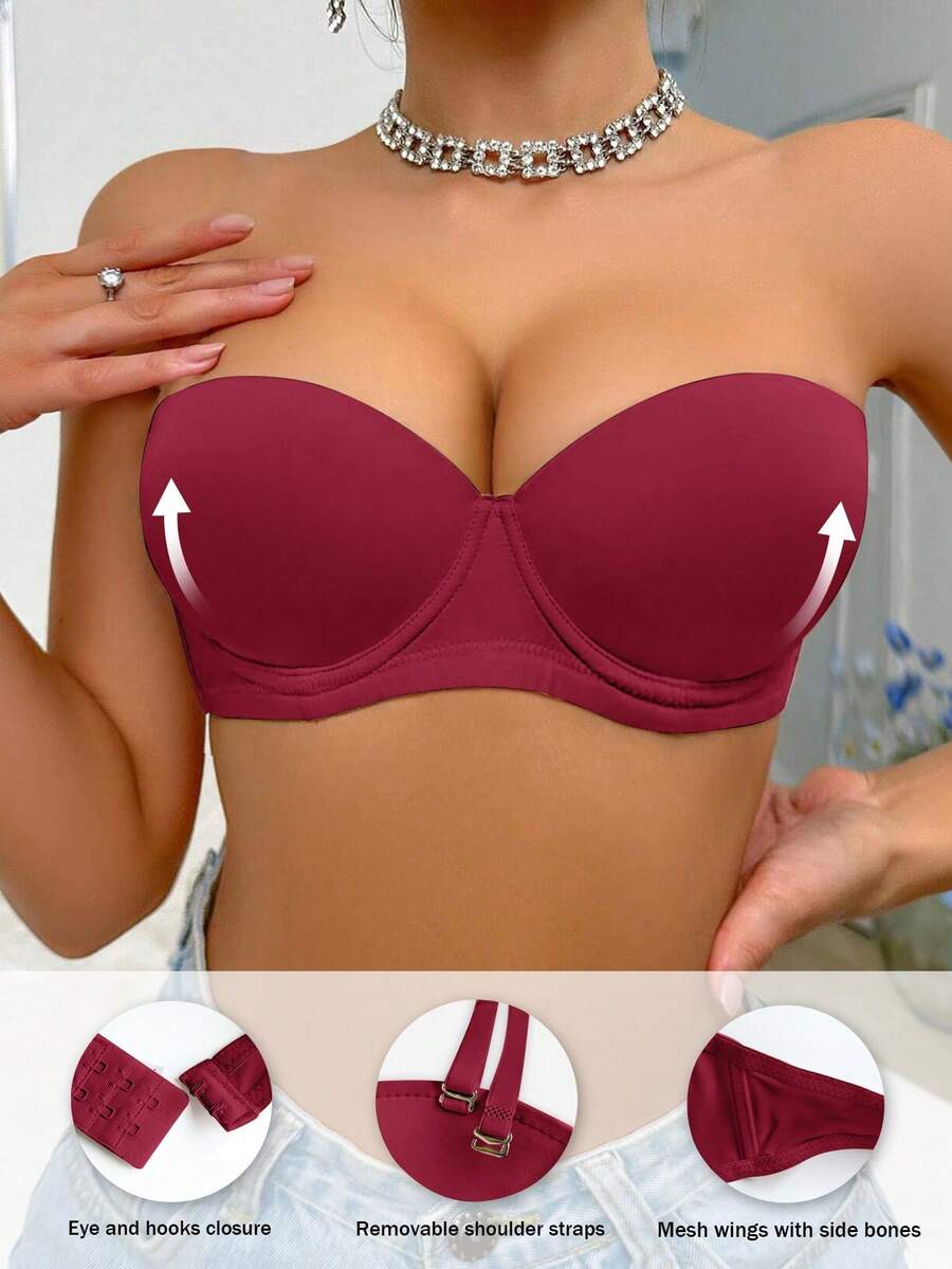 Women's Elegant Silky Strapless Padded Bra, Solid Color, Removable Straps, Suitable For Formal Occasions - Red - View 1