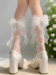 New Japanese Style Glass Silk Stockings, Decorated With Bows, Heart-Shaped Sequins And Crystal Stripes, Suitable For Daily Outings, Parties, Cosplay And Other Occasions, White Ruffle Socks, Girls Socks, Toddler Girls Socks - Multicolor - View 2