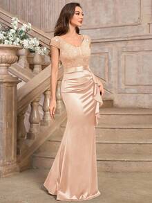 MIUSOL Deep V-Neck Sequin Lace Ruffle Hem Satin Maxi Evening Party Dress Wedding Spring - Champagne - View 6