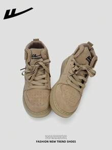 1双 WARRIOR 女士厚底系带软底休闲鞋，低帮户外平底鞋，圆头低跟防滑纯色优雅软底徒步鞋，适合学生、毕业照、平底鞋、低帮皮质运动滑板鞋 - 卡其色 - 查看 4