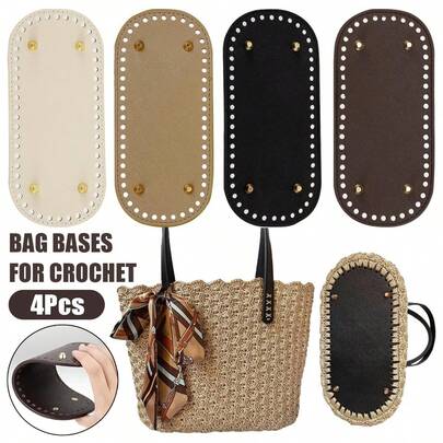 4Pcs PU Leather Bag Bottom Pad Long Oval Purse Bottom Shaper Pad For Bags Cushion Base With Holes For DIY Crochet Bag Shoulder Bags Purse Crafts Making