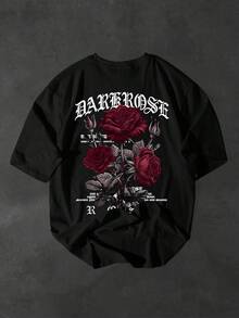 Dark Rose Print Men's T-Shirt  Top - 黑色 - 查看 5