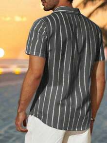 Men's Casual Blue & White Striped Breathable Short Sleeve Shirt, Fashionable & Comfortable For Spring/Summer Holiday - Black - View 2