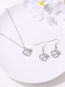 1pc Necklace+1pair Earrings Dark Style Punk Jewelry Set With Rhinestone Cross Pendant & Hollow Out, For Women - Silver - View 3