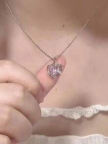 1 chiếc vòng cổ Peach Galaxy với mặt dây chuyền hình trái tim pha lê, kiểu dáng choker đa năng. - Trái tim hồng - Xem 3