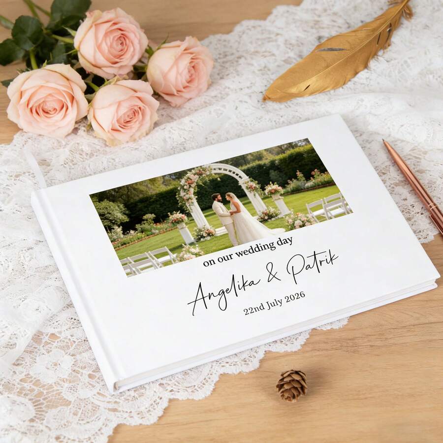 Personalized Wedding Guest Book, Horizontal Wedding Book, Photo Wedding Book, Monogram Wedding Book, Hardcover Monogram Wedding Guest Book, Wedding Journal, Wedding Guestbook, Customized Guestbook, Personalized Wedding Guestbook, Wedding Scrapbook, Wedding Keepsake Album - White - View 1