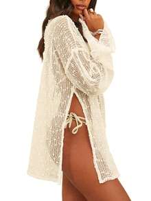 Womens Swimsuit Crochet Cover Up Sexy Boat Neck Bathing Suit Summer Long Sleev Beach Dress Coverup Bikini - Màu be - Xem 2