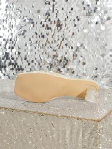 女士时尚网纱亮片方头杏色高跟凉鞋，优雅浪漫舒适百搭粗跟拖鞋 - 杏色 - 查看 7