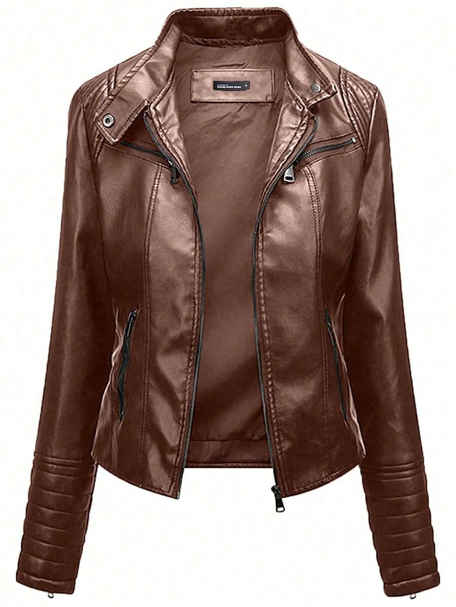 女士皮夹克，长袖修身立领皮衣，秋季款 - 咖啡棕 - 查看 1