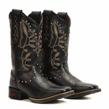 Women's Western Boot In Genuine Leather With Luxury Embroidery, Studs, And 5mm Comfort Insole - Màu đen Latigo/Màu đen - Xem 1