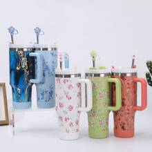 Stainless Steel 304 Floral  Bottle 1200ML 12h Hot And Cold Stainless Steel Straw Non-Slip Dustproof Protector Coffee Water Juice - 白色的 - 查看 7