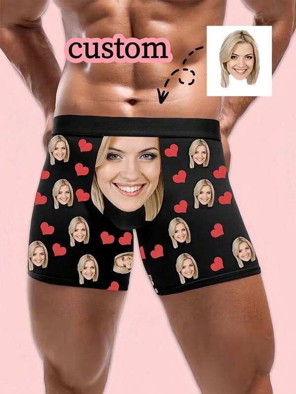 1pc Men's Customized Face & Red Heart Print Black Elastic Comfortable Romantic Personalized Briefs (Multiple Sizes), Ideal Gift For Valentine's Day