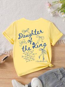 Áo thun ngắn tay cổ tròn in hình nơ và khẩu hiệu tối giản dành cho bé gái tuổi teen, thời trang xuân hè mới cho thanh thiếu niên. - Màu vàng - Xem 2