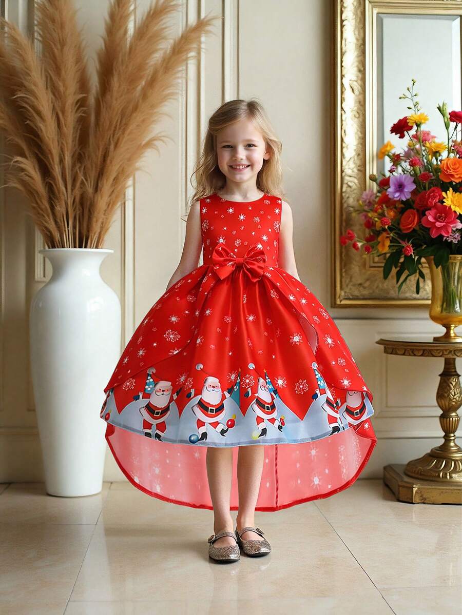 Vestido de Festa de Princesa de Natal com Decoração de Laço Estampa de Papai Noel e Floco de Neve para Meninas Jovens, Adequado para Celebração de Feriados, Padrão de Tecido Cortado Aleatoriamente, Faixa de Cabeça Não Incluída - Vermelho - Visão 1