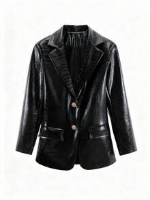 Women's Crocodile-Patterned PU Leather Suit Jacket - Elegant Retro Brown Fitted X-Shape Blazer With Single-Breasted Double-Button Closure, Long Pockets & PU Leather Coat For Professional, Office, Or Special Occasions (All-Season Wear) - 黑色 - 查看 12