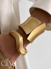 2 chiếc vòng tay bản rộng kiểu cổ điển phóng khoáng, nhiều chi tiết, bất đối xứng, phong cách punk tối giản, dày dặn, vàng và bạc, co giãn, thích hợp cho phụ nữ đi làm hàng ngày, dự tiệc, quà tặng ngày lễ, trang sức quyến rũ cho kỳ nghỉ. - Quét vàng - Xem 13