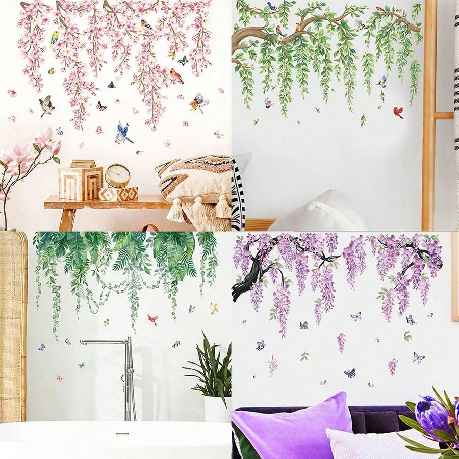 Bộ 1/4 tranh dán tường họa tiết hoa mùa xuân, dây leo và bướm, chất liệu PVC chống thấm nước, tự dính, có thể tháo rời, thích hợp trang trí phòng khách, phòng ngủ, máy giặt, tạo điểm nhấn trang trí nhà cửa. - Miếng dán tường hình hoa - Xem 1