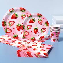 Strawberry Print Disposable Plate, Napkin, Cup Set, Plates, Napkins And Cups Party Supplies, Serves 8 Guests, Disposable Paper Plates Party Tableware Suitable For Birthday, Wedding, Theme Party, Family Picnic - Multicolor - View 3